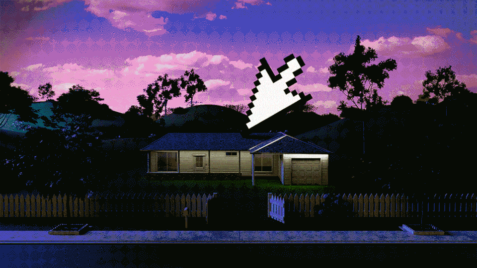 A GIF of a house being placed onto a residential landscape with a digital computer mouse.