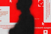 A stylized image of a silhouette in front of a bunch of "account suspended" notices