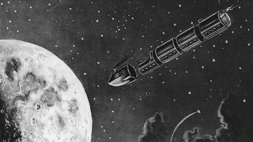 A black-and-white illustration of a long, thin rocket heading toward the moon against the backdrop of a starry night sky
