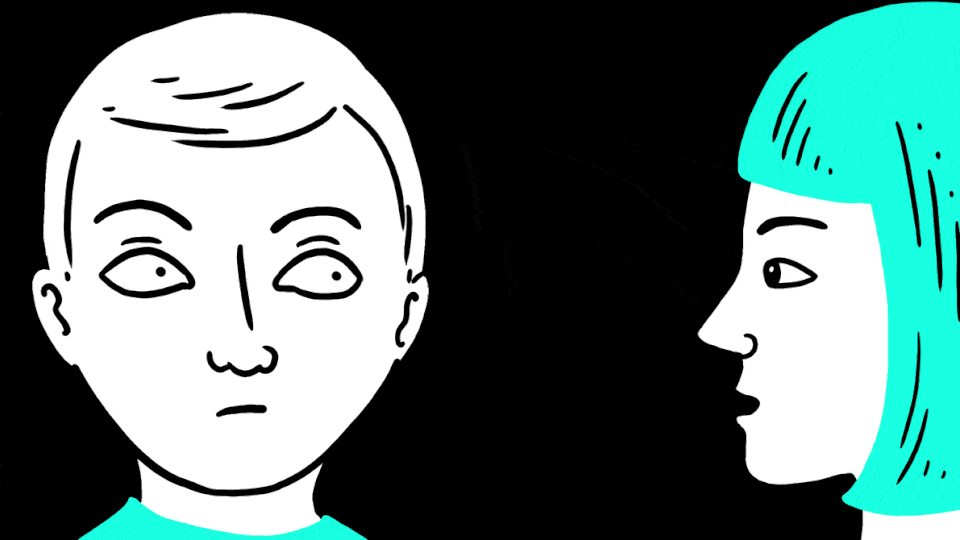 A gif of a boy blinking and raising his eyebrows as a girl talks to him