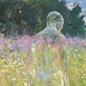 painting of translucent human figure walking through field of purple flowers with bright blue sky and trees in background