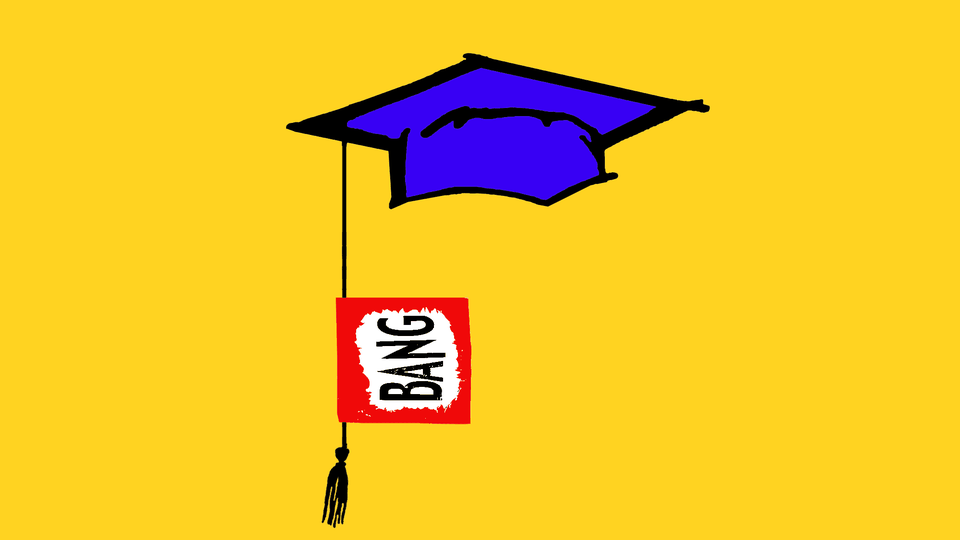 Illustration of a graduation cap with a "bang" sign attached to the tassel