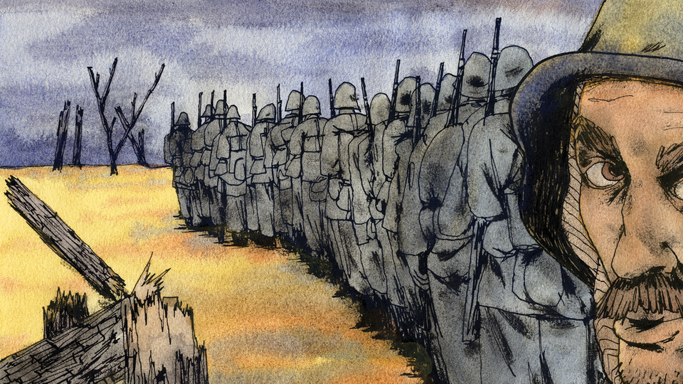 Long line of gray soldiers in desolate field, behind one somber mustached-soldier's face turning back toward the reader