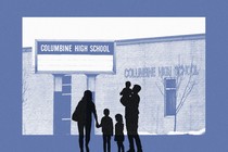 A silhouette of a family standing in front of Columbine