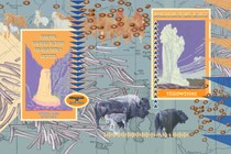 A collage with old Yellowstone posters and bison