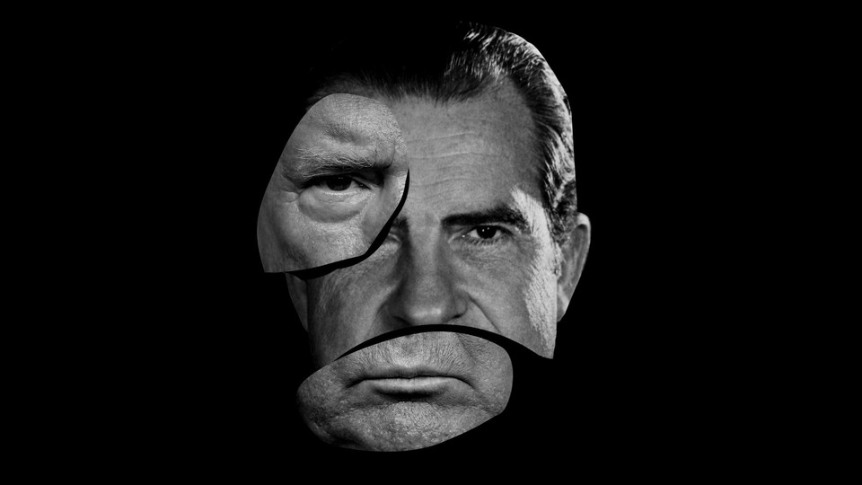 An illustration of Donald Trump's and Richard Nixon's faces melding.