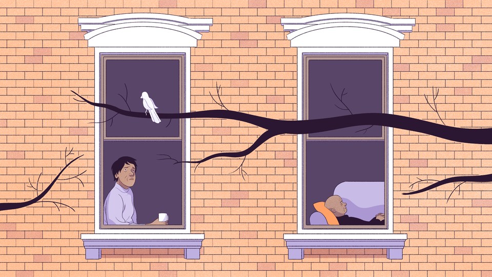 An illustration of a woman looking out her window while a man sleeps.