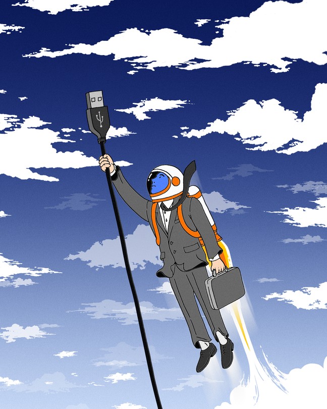 A man in a suit wearing a jetpack and holding a USB cord flying into space