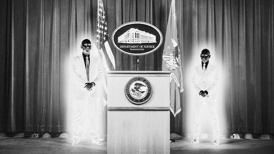 An illustration of two men in glowing suits standing near a Department of Justice lectern