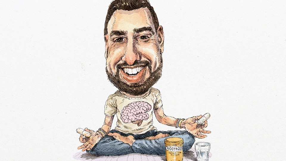 Sketch of a young, bearded man sitting cross legged, a pill in each hand and a glass of water at his feet.