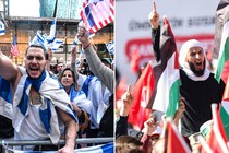 Two photos, side by side, at left, one showing a man raising his arm among a crowd of pro-Israeli protesters, the other, at right, showing a man raising his arm at a protest, surrounded by Palestinian and Turkish flags
