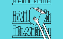 illustration of long arms reaching up to pull a very thick book off a crowded shelf, on blue background