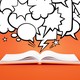 A book with comic speech bubbles floating above it.
