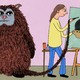 a woman painting on an easel using the tail of the monster standing next to her