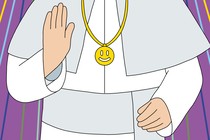 An illustration of a white-robed priest making a sign of peace and wearing a pendant with a smiling face