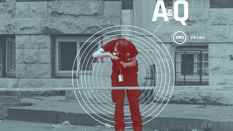 An illustration showing a female police officer taking a photo of numbered evidence on the ground of a roped-off crime scene; she's surrounded by coccentric circles, which branch off into the words "A&Q" and "Crime."