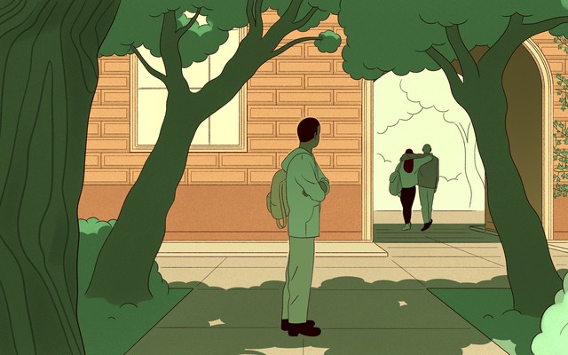 An illustration of a boy watching a couple from the distance.