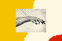 A black-and-white photo of a light-colored arm and hand extends from the left side of the page. A series of images of electric pathways create a shadow over the hand, arm, and the light-colored wall behind them.