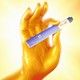 A golden hand in the lotus position holds a GLP-1 drug injector.