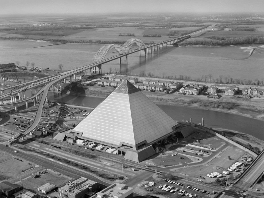 Memphis Pyramid and the Hernando DeSoto Bridge across the Mississippi River