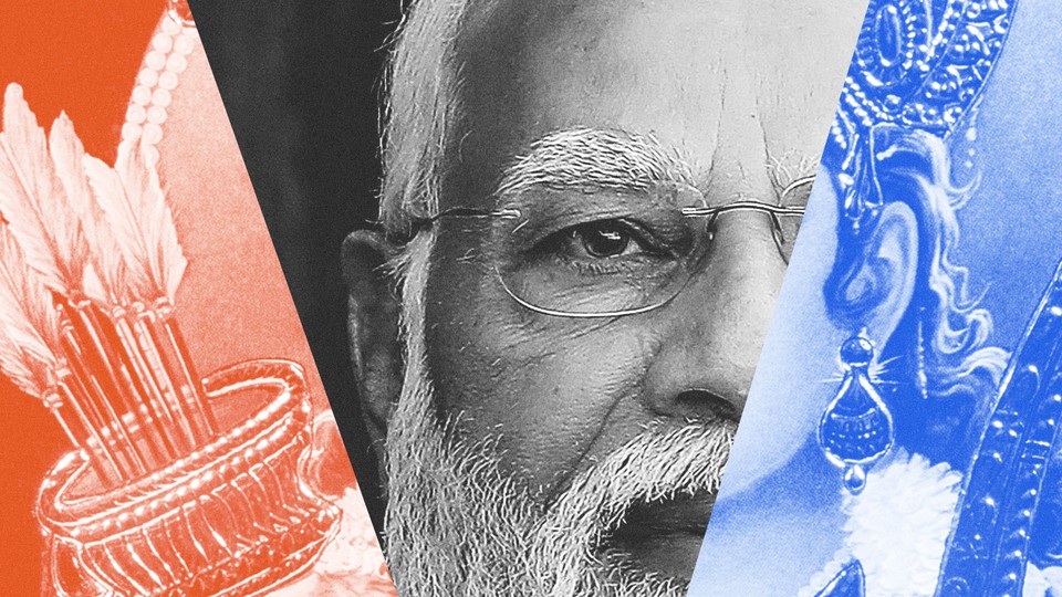 A black-and-white photo of Modi juxtaposed with illustrations of the Hindu god Ram