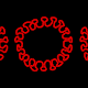 An animated gif of three red outlines of virus particles gyrating in front of a black background