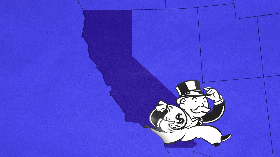 Illustration of a blue U.S. map focused on California with an image of the Monopoly Man crossing state lines heading east.