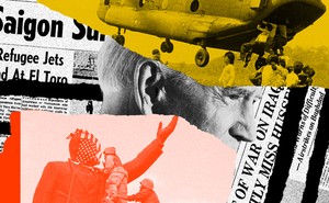 Collage of U.S. military, Joe Biden, and archival newspapers with war headlines.