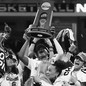 A photo of the University of South Carolina women's basketball team hoisting the NCAA championship trophy
