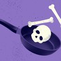 An illustration of a nonstick pan with a skull and bones in it