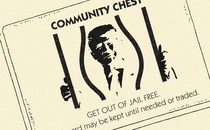 A Monopoly-like "get out of jail free" card featuring Donald Trump looking ready to get out from behind bars