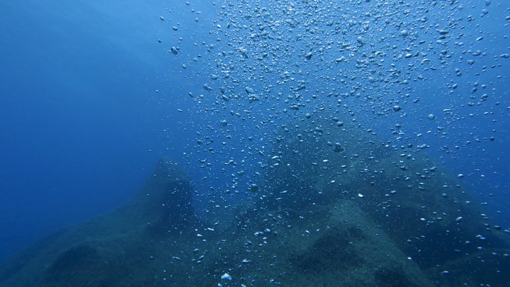 Bubbles in the ocean rise to the surface.