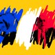 An illustration set on a yellow backdrop of Marine Le Pen's photo scribbled over with blue and Emmanuel Macron's photo scribbed over with red, with white scribbles between the two to mimic the French flag