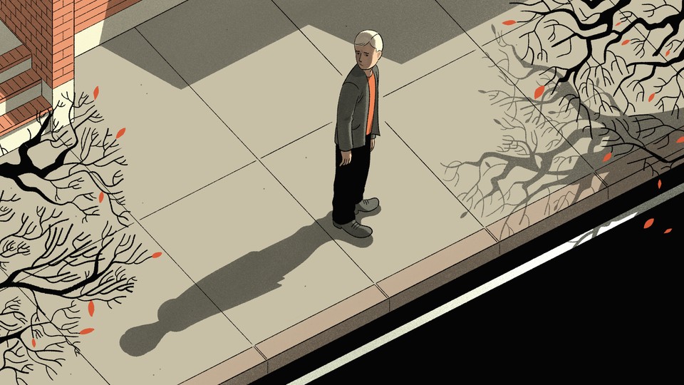 An illustration of a man standing on a sidewalk