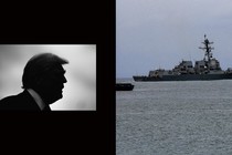 An photo of President Trump's profile next to a photo of a U.S. Navy missile destroyer