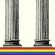 Illustration showing rainbow flag underneath the bases of four columns, whose tops are cropped out of the picture.