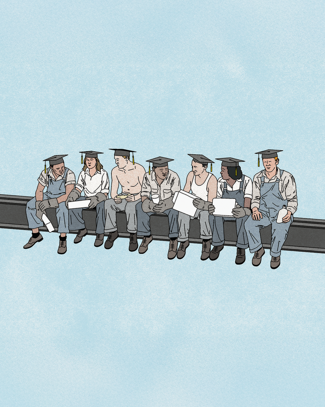 illustration of workers sitting on skyscraper beam, with 8 men and women in college graduation caps, workwear, and gloves