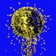 A graphic of a dissolving gold bitcoin on a bright blue background