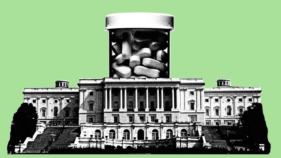 Artwork of the U.S. Capitol in which a pill bottle replaces the rotunda