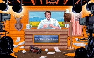 An illustration of Tucker Carlson surrounded by his new Americana-style set