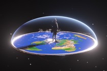 A person standing alone on a flat Earth in space.