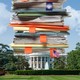 A photo illustration showing a massive stack of lawsuits sitting on top of the White House.