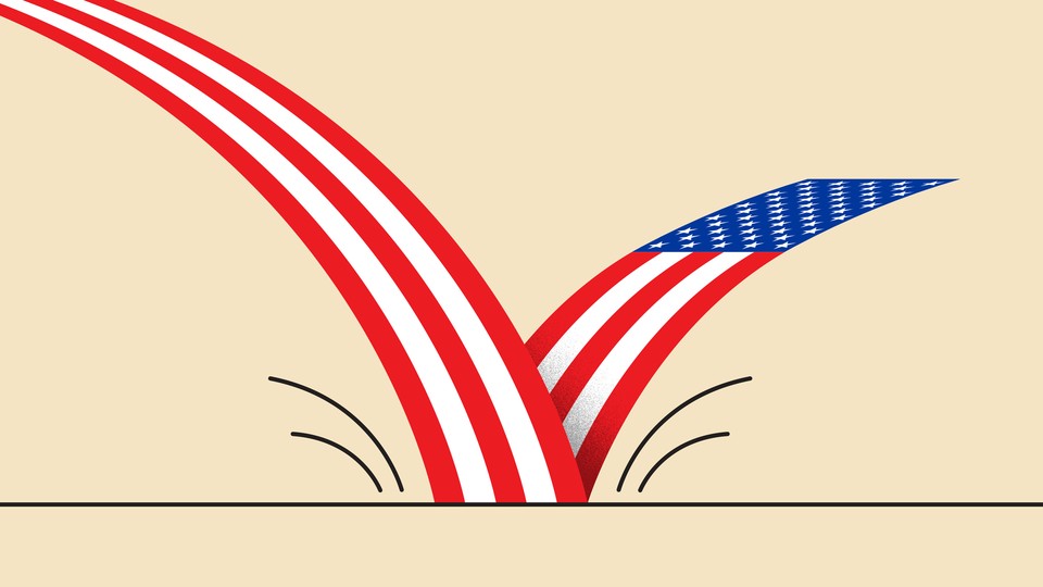 Illustration of a line hitting the ground and bouncing up with an American-flag print