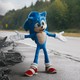 Sonic the Hedgehog standing on a torn-up stretch of road.