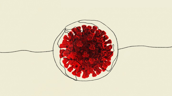 A rendering of the coronavirus and a hand-drawn Earth