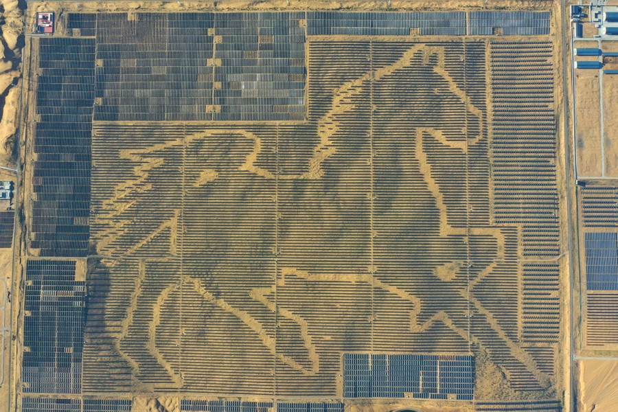 A large grid of solar panels, arranged to form the outline of a horse