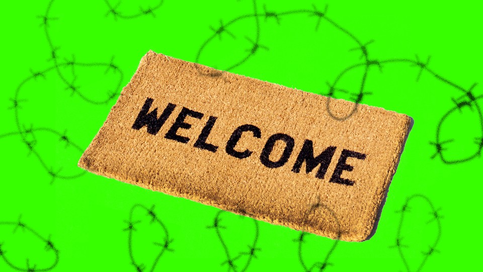 Illustration showing doormat that reads "Welcome" surrounded by barbed-wire drawings
