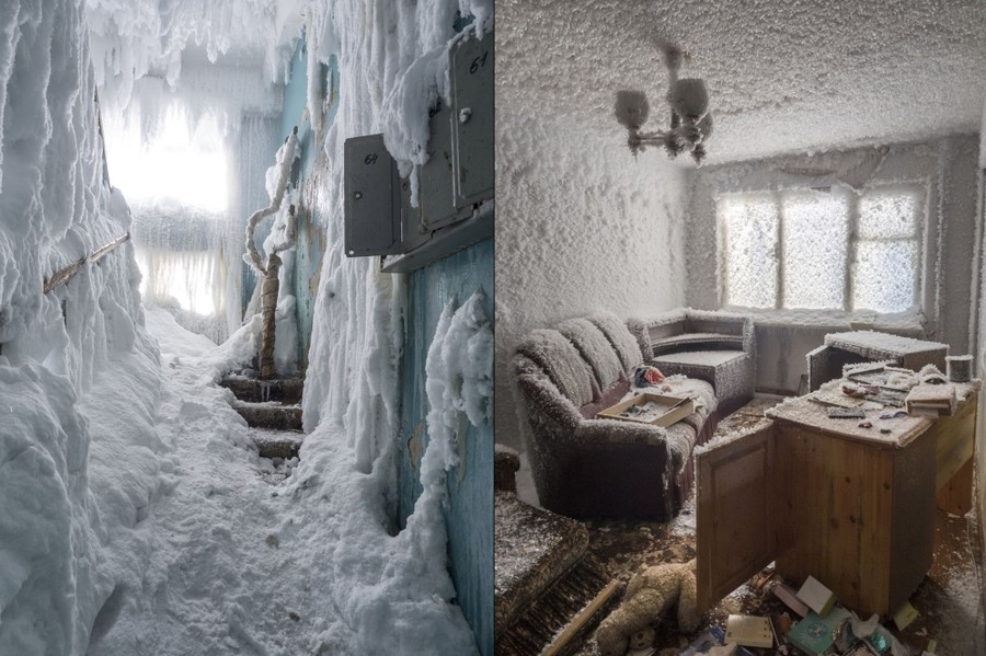 Two images. At left, ice and snow fill a stairwell, at right, ice crystals encrust everything a former home office.