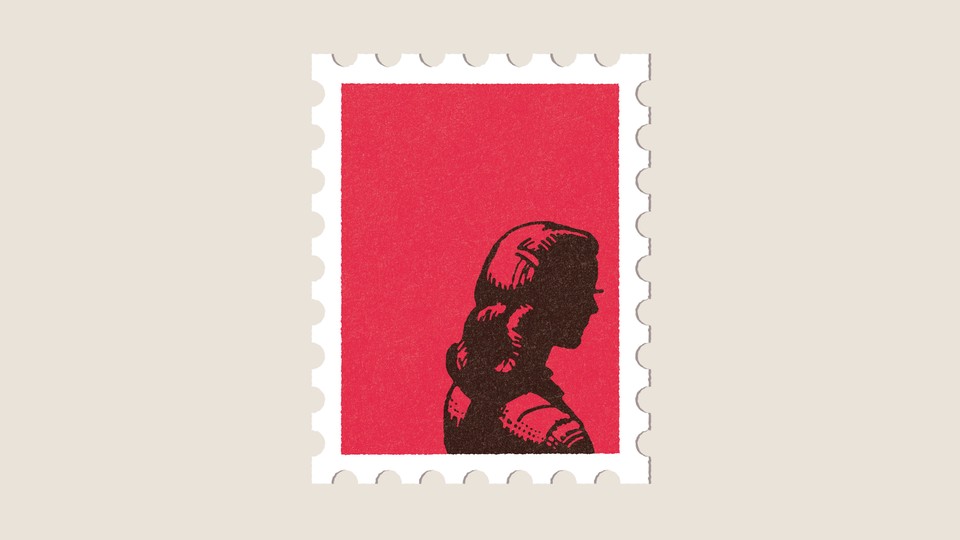An illustration of a red postage stamp with a cutout of a woman's torso facing away; the postage stamp is centered on a beige background