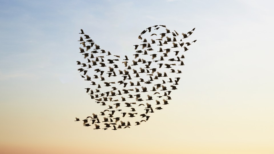 A photo-illustration of birds flying in the shape of the Twitter logo
